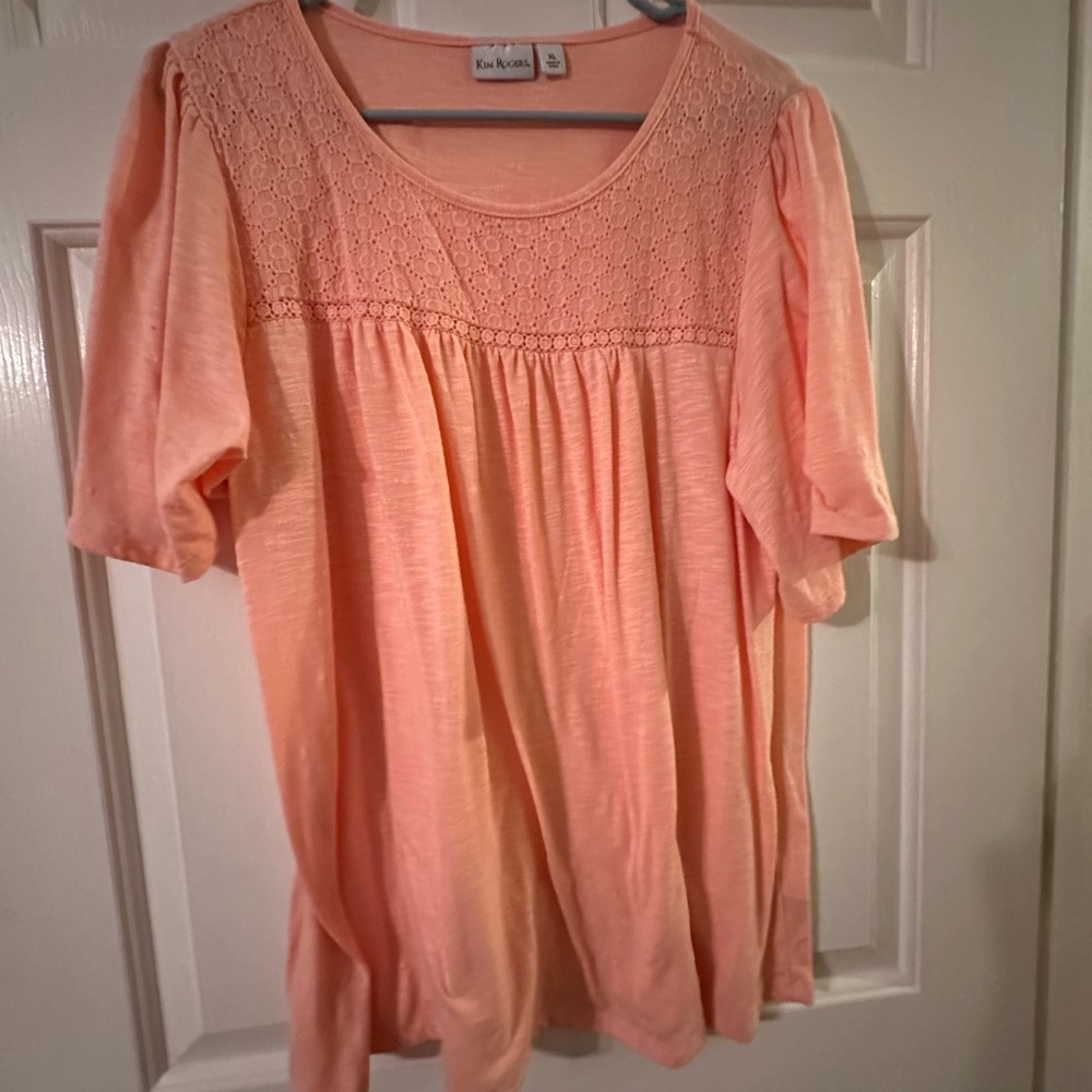Kim Rogers Orange and Pink Smocked Flutter Sleeve Blouse